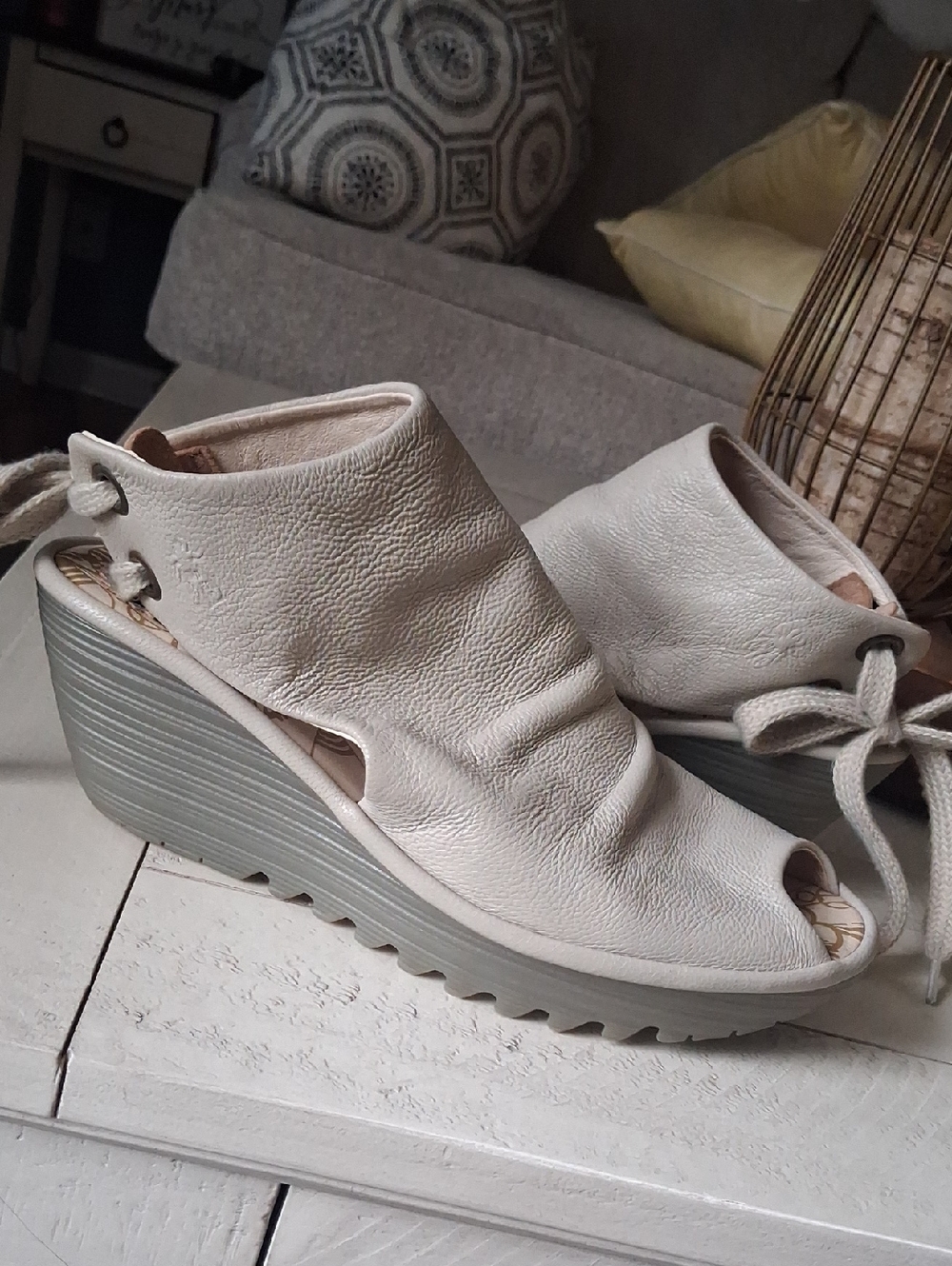 Fly London Taupe Leather Wedge Sandals